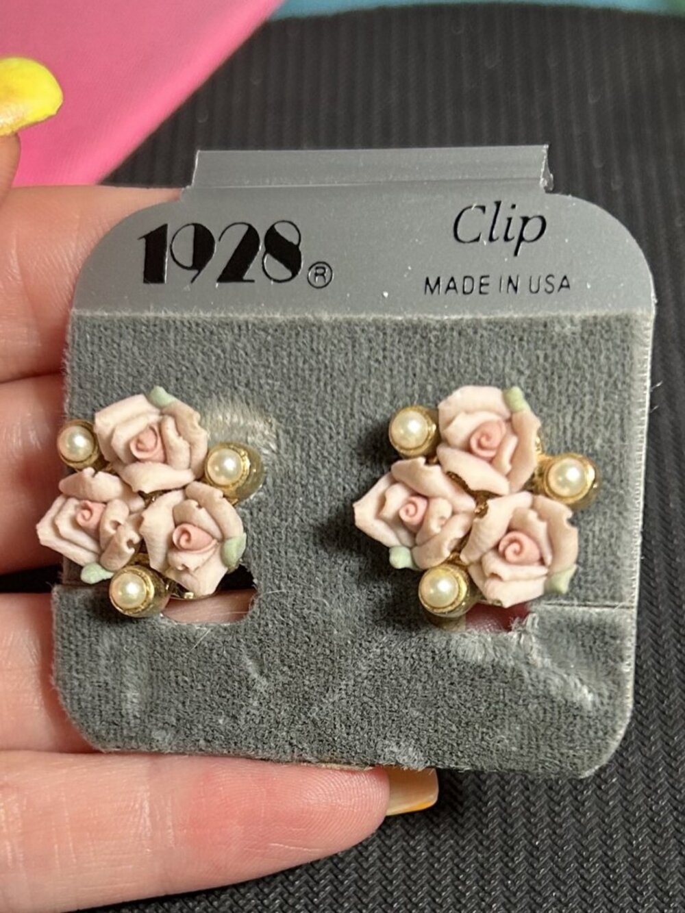 1928 Brand Matte Pink Porcelain Rose Bud Faux Pearl Clip On Earrings Made in USA